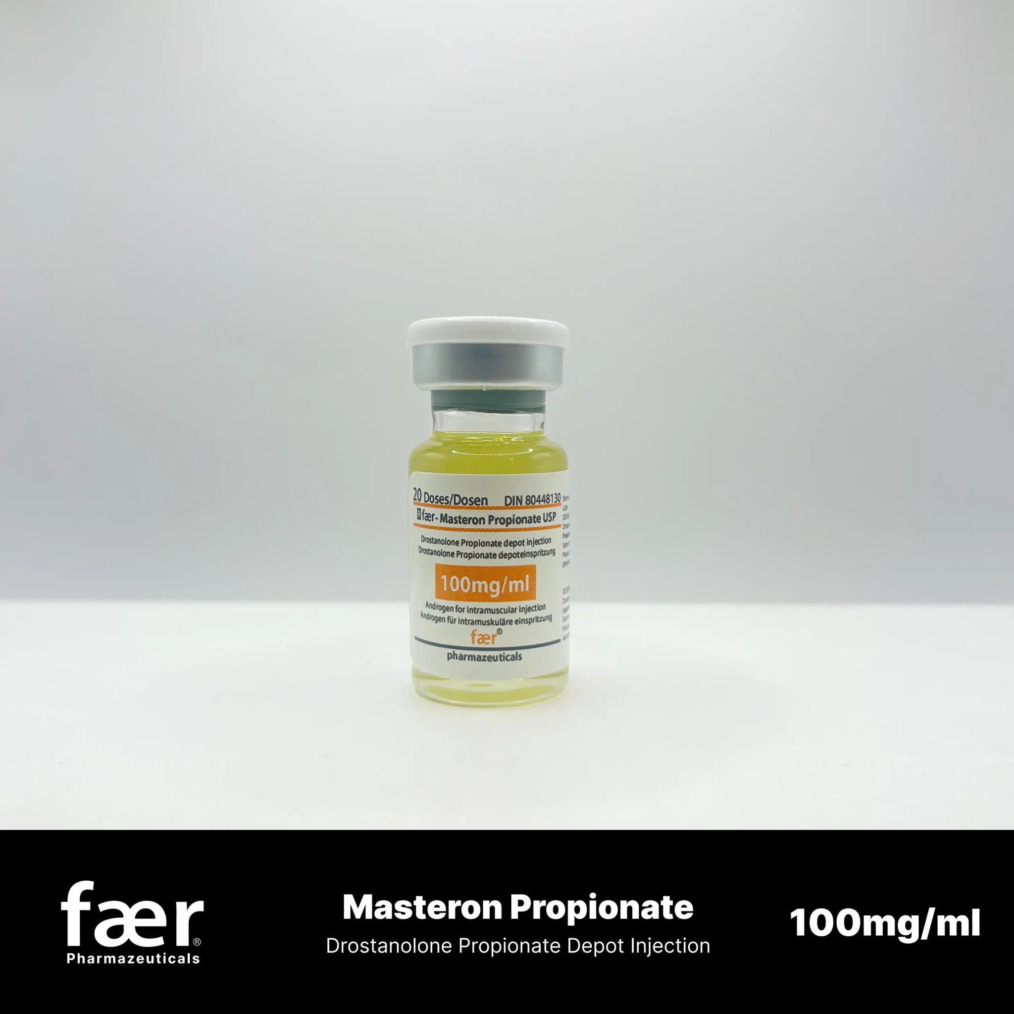 Glass vial of Masteron Propionate 100mg/ml by Faer Pharmaceuticals
