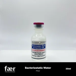 A 30ml glass vial of Pfizer Bacteriostatic Water for Injection USP with a pink cap.