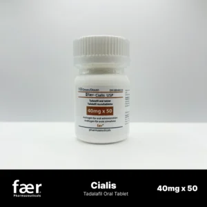 Cialis 40mg, White bottle of Cialis USP Tadalafil oral tablets, 40mg x 50 dosage, by Faer Pharmaceuticals.