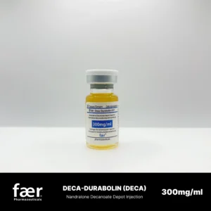 A small glass vial of Faer Deca-Durabolin Nandrolone Decanoate 300mg/ml liquid medication.