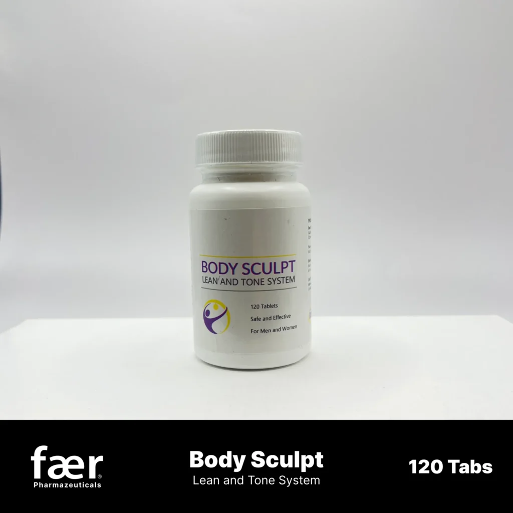 White bottle of Faer Body Sculpt Lean and Tone System supplement with 120 tablets.
