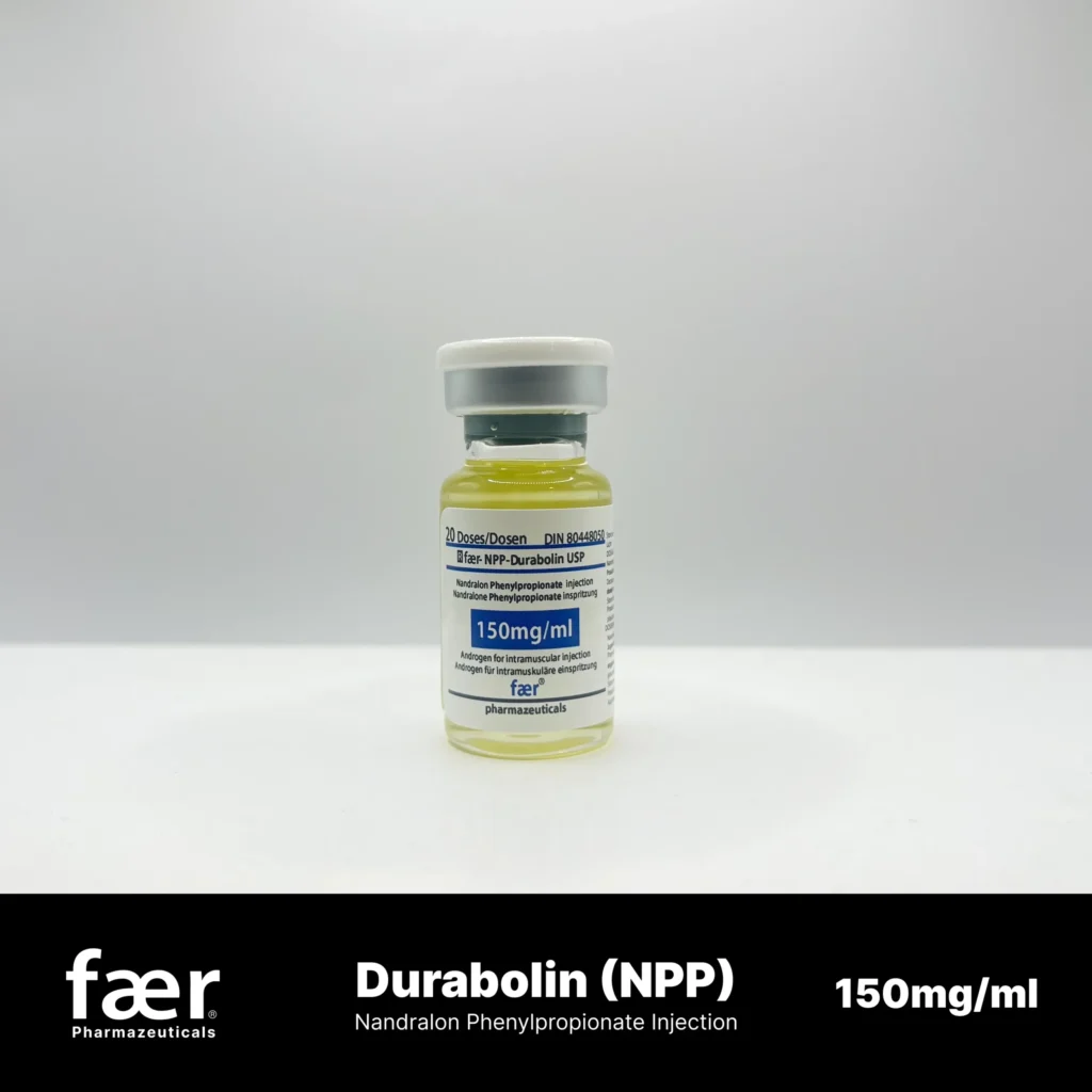A small glass vial of Faer Durabolin NPP Nandralone Phenylpropionate 150mg/ml injection against a white background.