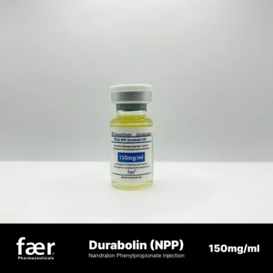 A small glass vial of Faer Durabolin NPP Nandralone Phenylpropionate 150mg/ml injection against a white background.