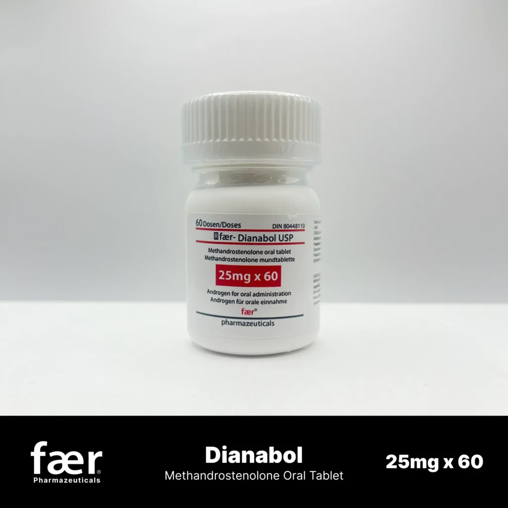 White bottle of Faer Dianabol USP containing 60 tablets of 25mg Methandrostenolone oral tablets.