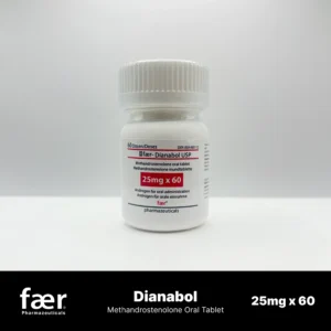 White bottle of Faer Dianabol USP containing 60 tablets of 25mg Methandrostenolone oral tablets.