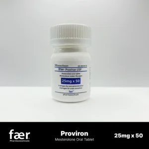 White bottle of Faer Proviron USP Mesterolone oral tablets labeled 25mg x 50 doses.