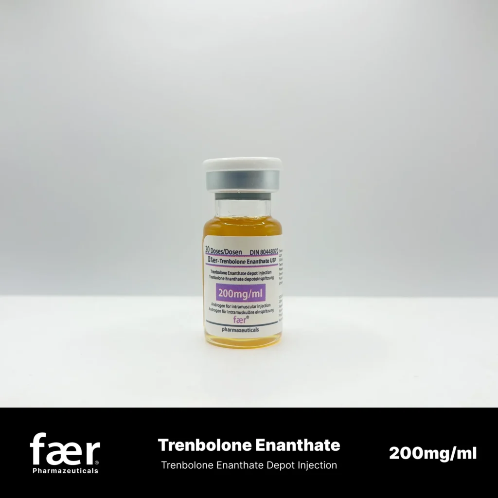 A small glass vial of Faer Trenbolone Enanthate 200mg/ml depot injection with a white cap.