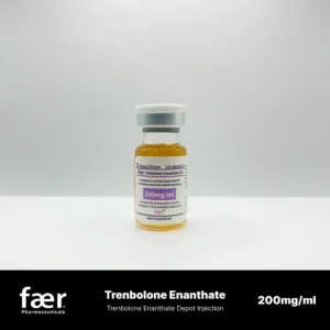 A small glass vial of Faer Trenbolone Enanthate 200mg/ml depot injection with a white cap.
