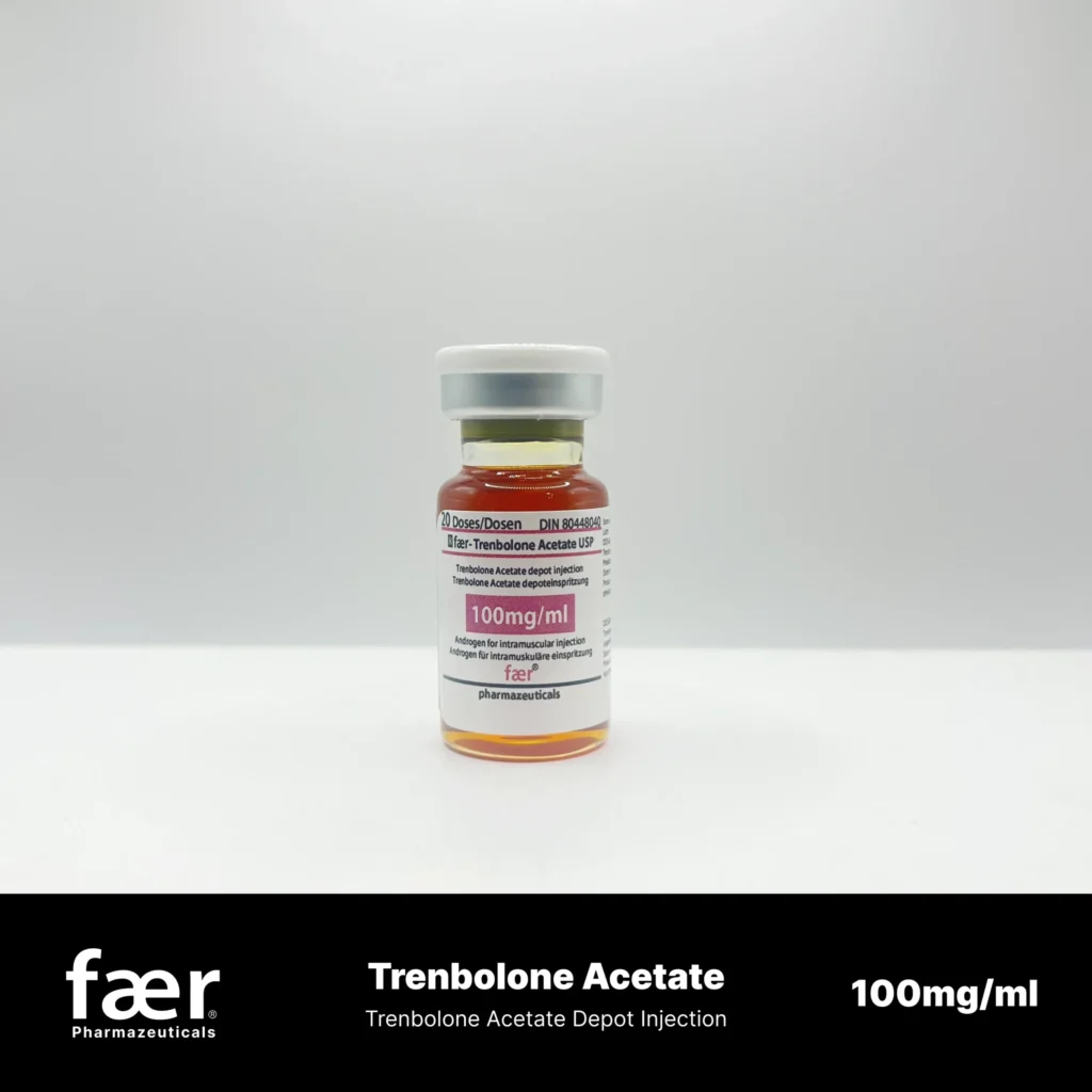 A small glass vial of Faer Trenbolone Acetate 100mg/ml depot injection with a white cap.