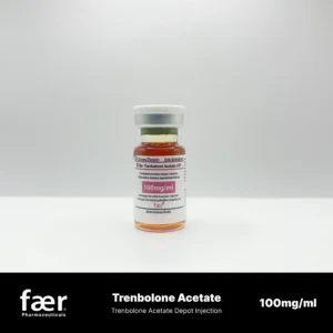 A small glass vial of Faer Trenbolone Acetate 100mg/ml depot injection with a white cap.