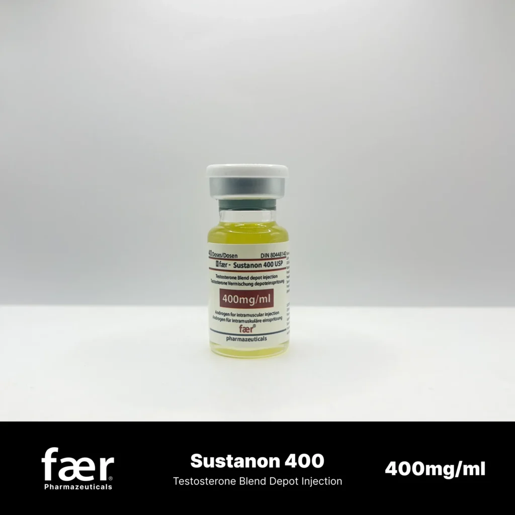 A small glass vial of Faer Sustanon 400 testosterone blend depot injection with a white cap.