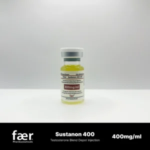 A small glass vial of Faer Sustanon 400 testosterone blend depot injection with a white cap.