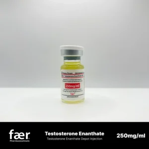 A glass vial of Faer Testosterone Enanthate 250mg/ml depot injection against a white background.