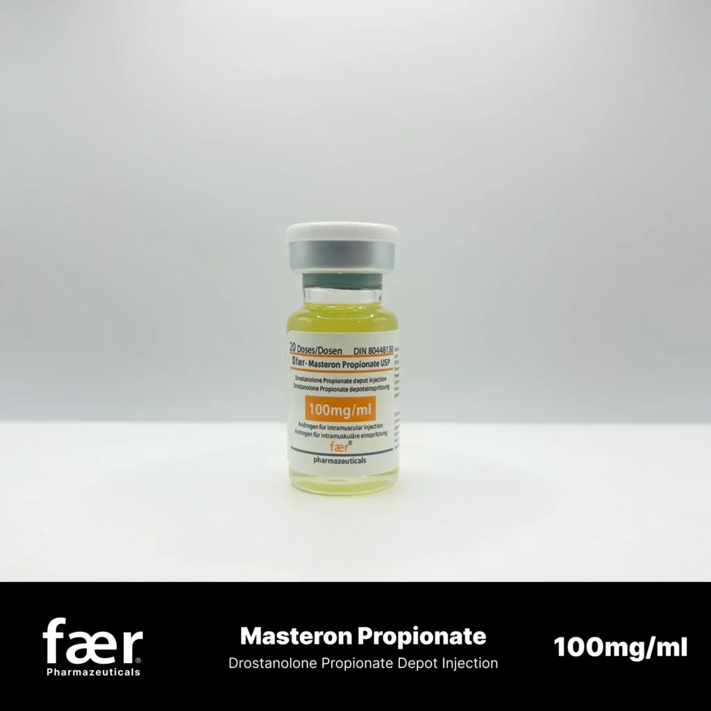 A small glass vial of Masteron Propionate 100mg/ml by Faer Pharmaceuticals with a white cap.