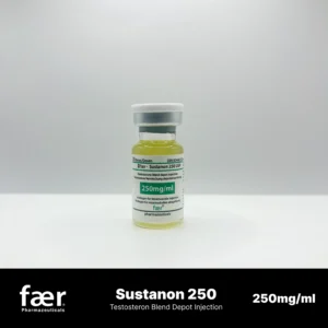 A small glass vial of Faer Sustanon 250 testosterone blend depot injection with a white cap.
