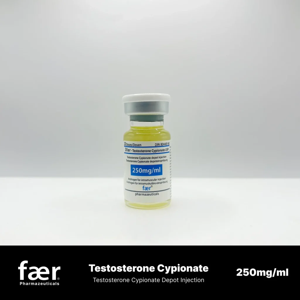 A small glass vial of Faer Testosterone Cypionate 250mg/ml depot injection with a white cap.