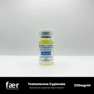 A small glass vial of Faer Testosterone Cypionate 250mg/ml depot injection with a white cap.
