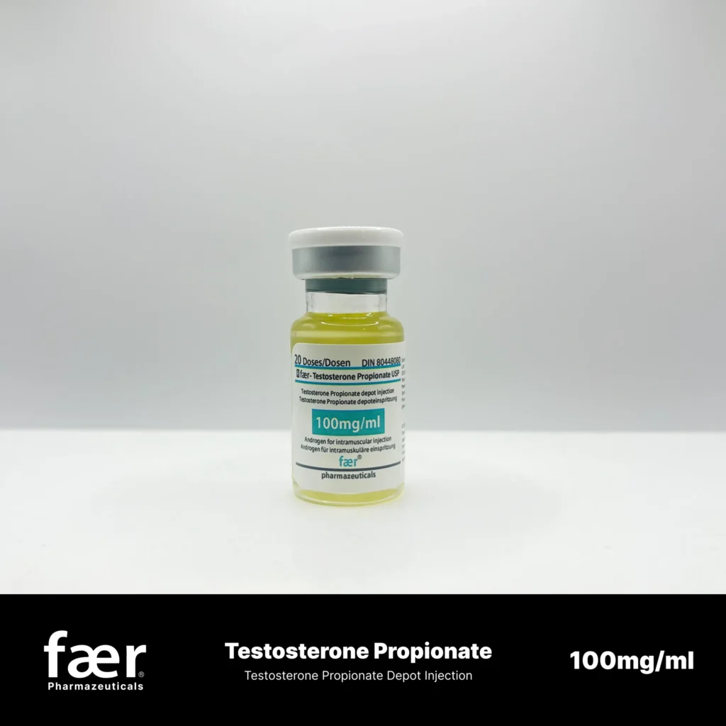 A small glass vial of Faer Testosterone Propionate Depot Injection with a white cap and yellow liquid.
