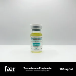 A small glass vial of Faer Testosterone Propionate Depot Injection with a white cap and yellow liquid.