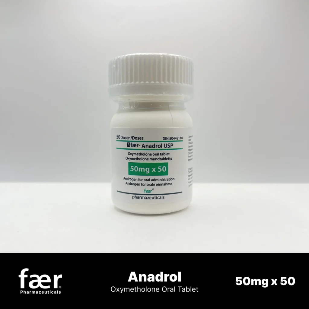 White bottle of Faer Anadrol USP oxymetholone oral tablets with 50mg dosage information.