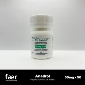 White bottle of Faer Anadrol USP oxymetholone oral tablets with 50mg dosage information.