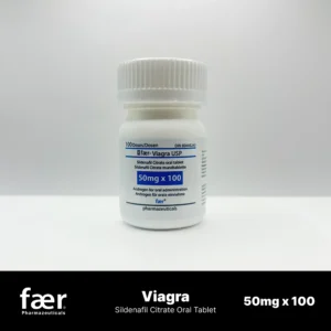 White bottle of Faer Viagra USP Sildenafil Citrate 50mg containing 100 oral tablets.