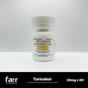 White bottle of Faer Turinabol USP containing 60 tablets of 20mg Chlordehymethyltestosterone.