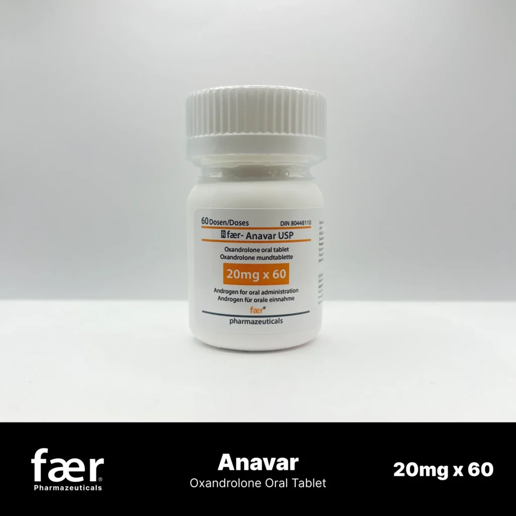 White bottle of Faer Anavar USP oxandrolone oral tablets, 20mg per tablet, 60 count.