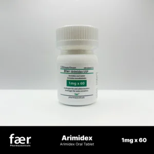 White pill bottle of Faer Arimidex USP 1mg oral tablets with green label.