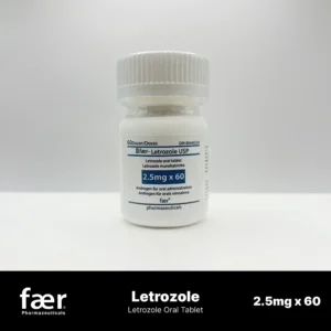 White plastic bottle of Faer Letrozole USP 2.5mg oral tablets with a white cap.