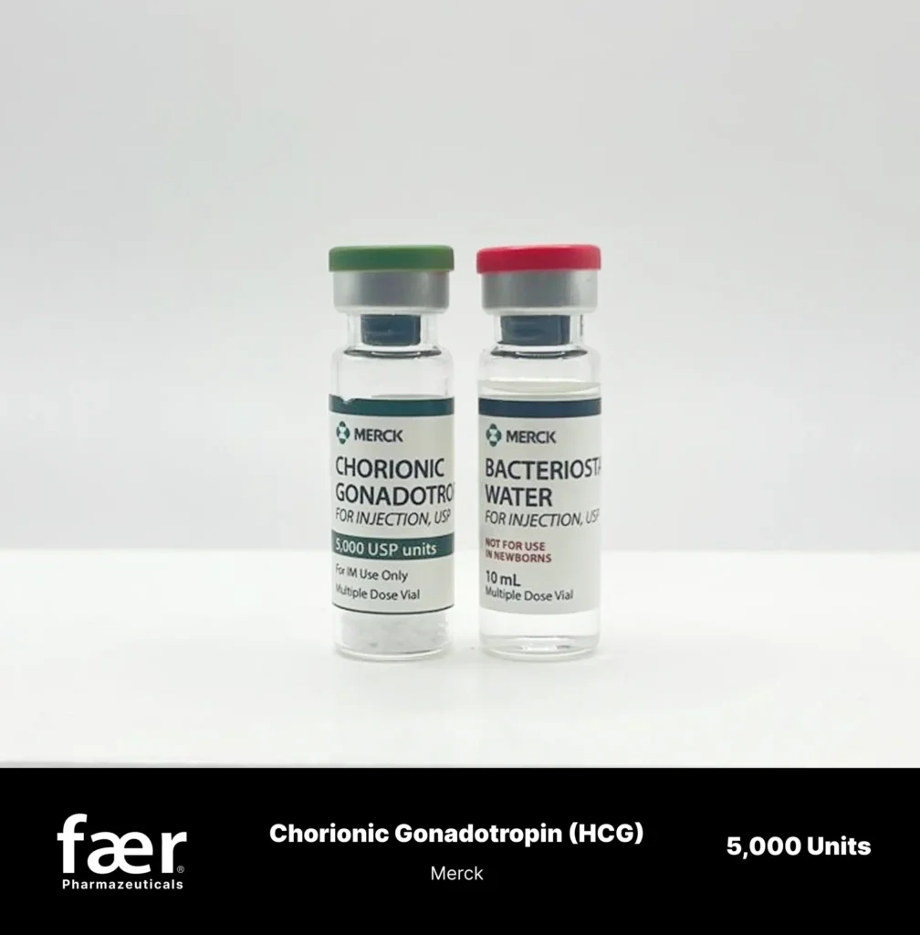 Two glass vials standing upright: one containing Merck Chorionic Gonadotropin HCG and one containing Bacteriostatic Water.