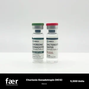 Two glass vials standing upright: one containing Merck Chorionic Gonadotropin HCG and one containing Bacteriostatic Water.