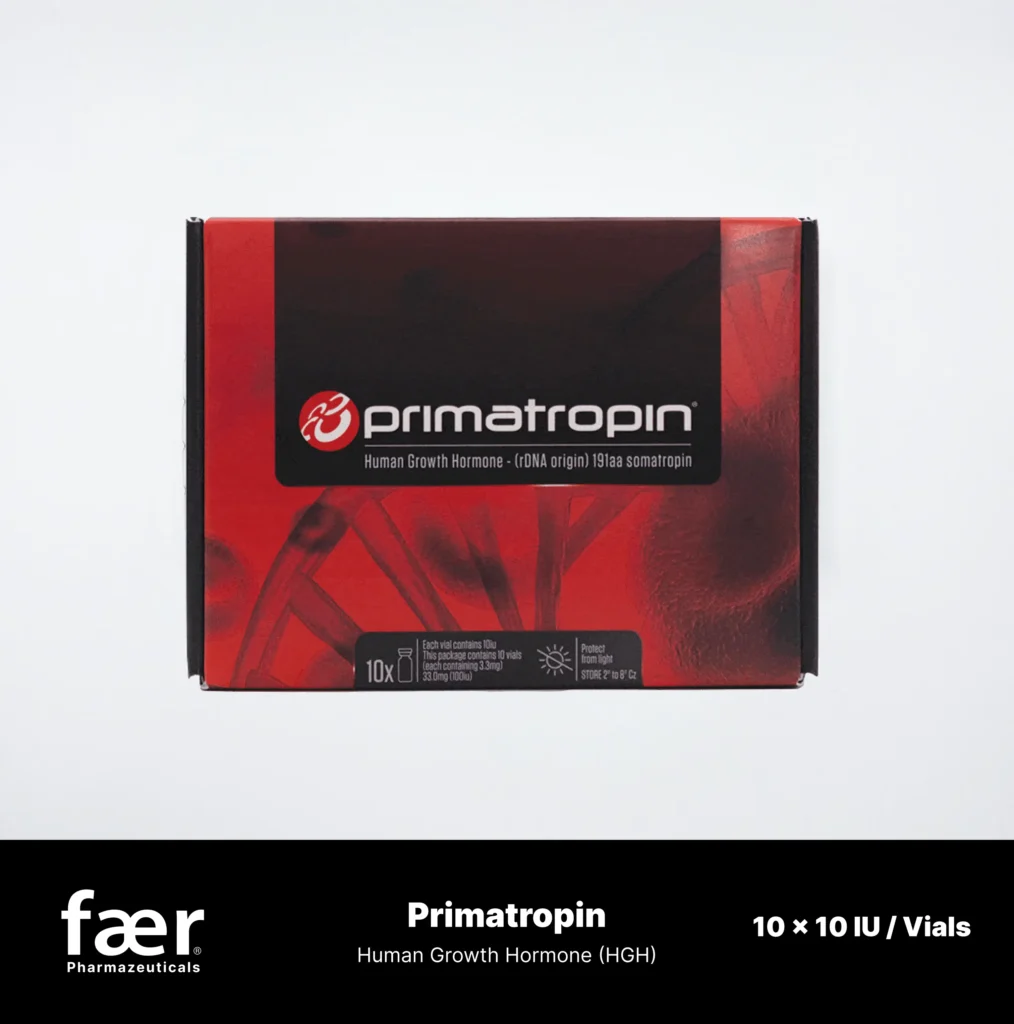 labeled 10x 10, Primatropin box with red and black design.