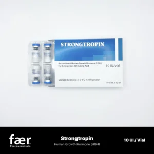 Two glass vials of Strongtropin Recombinant Human Growth Hormone in a white and blue box.
