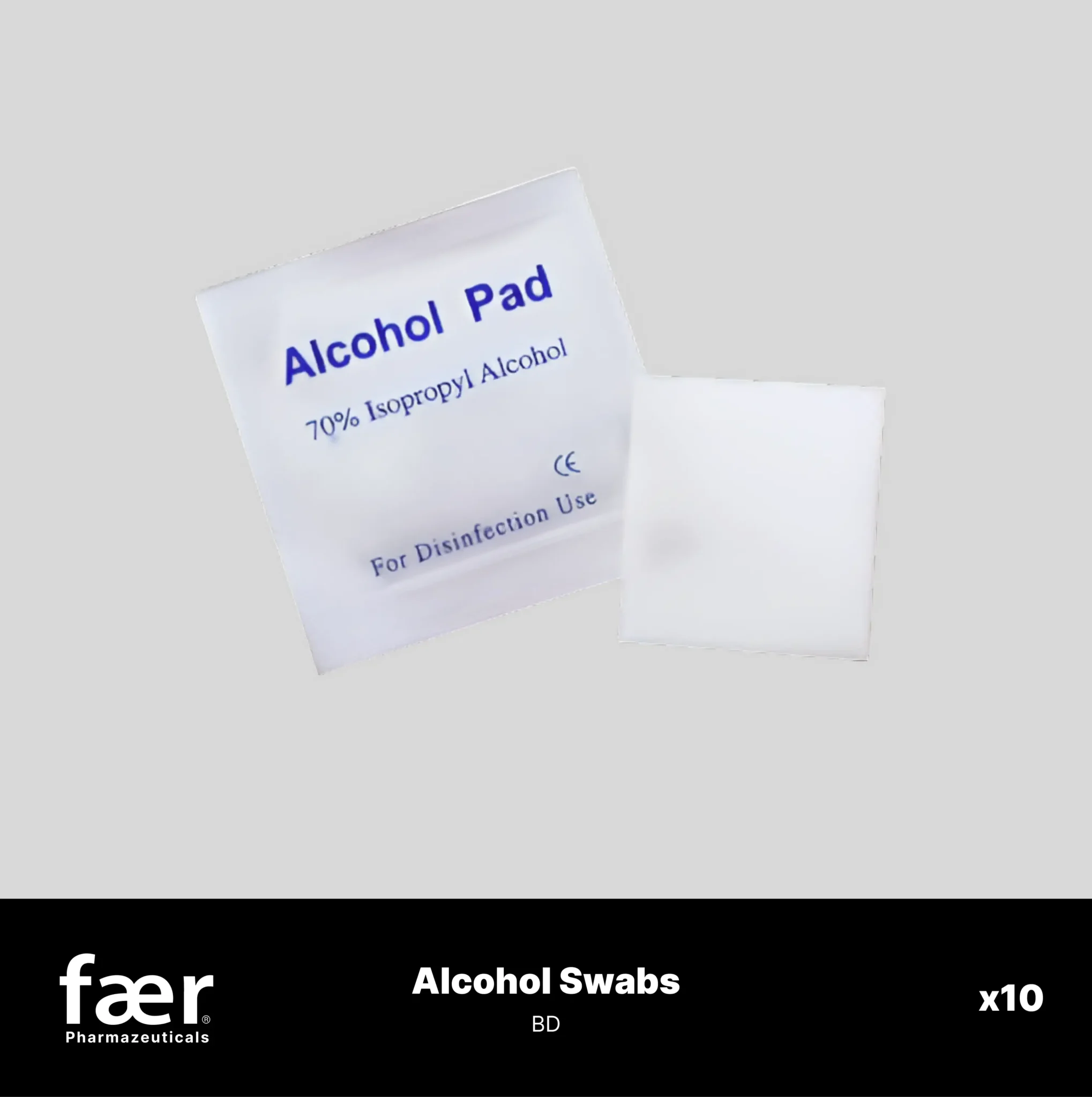 Two white alcohol pads for disinfection, one in a branded packet and one unwrapped.