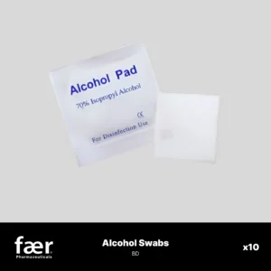 Two white alcohol pads for disinfection, one in a branded packet and one unwrapped.