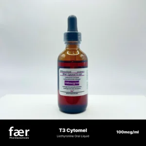 Amber glass dropper bottle of Faer Cytomel T3 USP Liothyronine 100mcg/ml oral liquid.