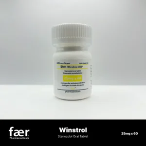 White bottle with yellow label containing 25mg Winstrol oral tablets, 60 count.