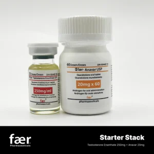 A vial of Testosteron Enanthate 250mg/ml and a bottle of Anavar 20mg tablets by Faer Pharmaceuticals.