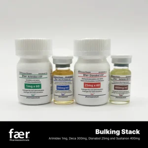 Four white bottles of Faer Pharmaceuticals supplements including Arimidex, Deca-Durabolin, Dianabol, and Sustanon.