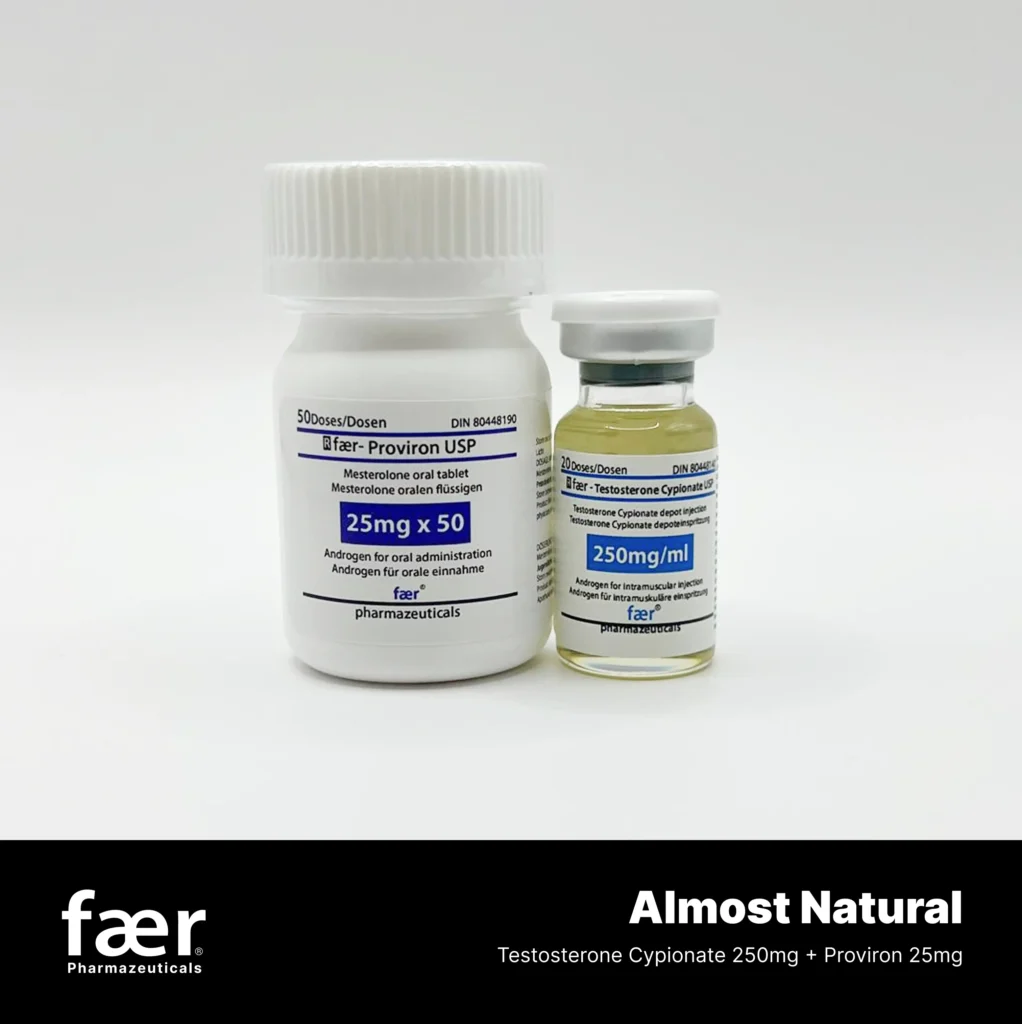 A bottle of Proviron 25mg tablets and a vial of Testosterone Cypionate 250mg/ml by Faer Pharmaceuticals.