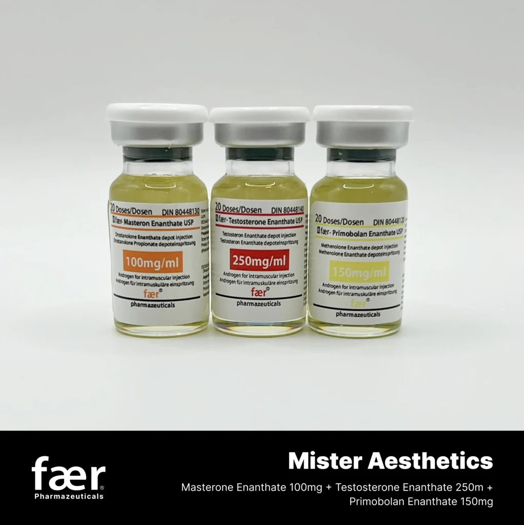 Three glass vials of Faer Pharmaenuticals containing Masteron, Testosterone, and Primobolan Enanthate injections.