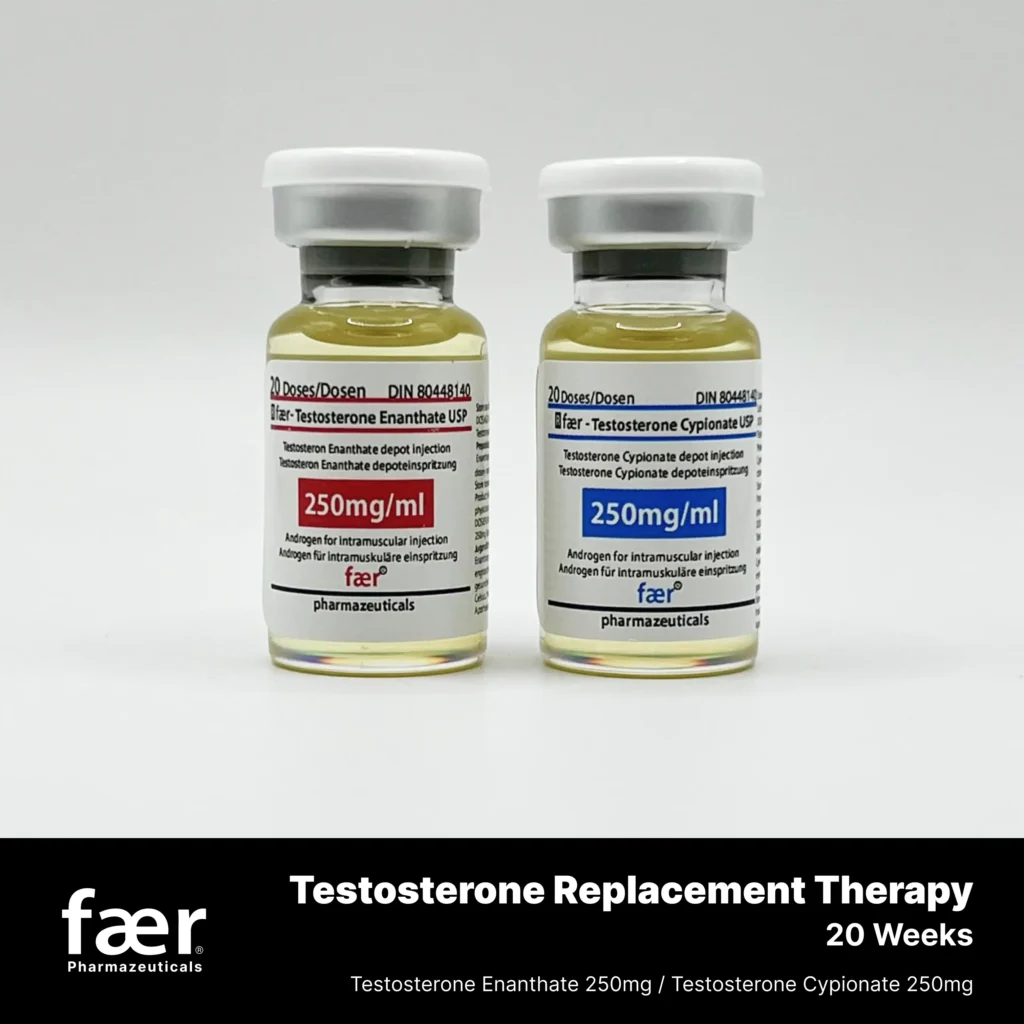Two glass vials of Faer Pharmaceuticals Testosterone Enanthate and Testosterone Cypionate 250mg/ml.