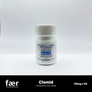 White bottle of Fær Clomid USP 50mg clomiphene oral tablets with a white cap.