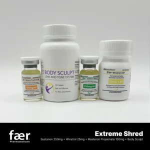 Four white supplement bottles labeled Body Sculpt, Sustanon 250mg, Winstrol USP, and Masteron Propionate 100mg.
