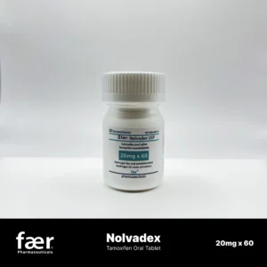 A white plastic bottle of Fær Nolvadex USP Tamoxifen 20mg oral tablets.