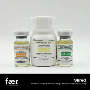 Three vials of Faer Pharmaceuticals products: Masteron Propionate 100mg, Winstrol 25mg, and Sustanon 250mg.