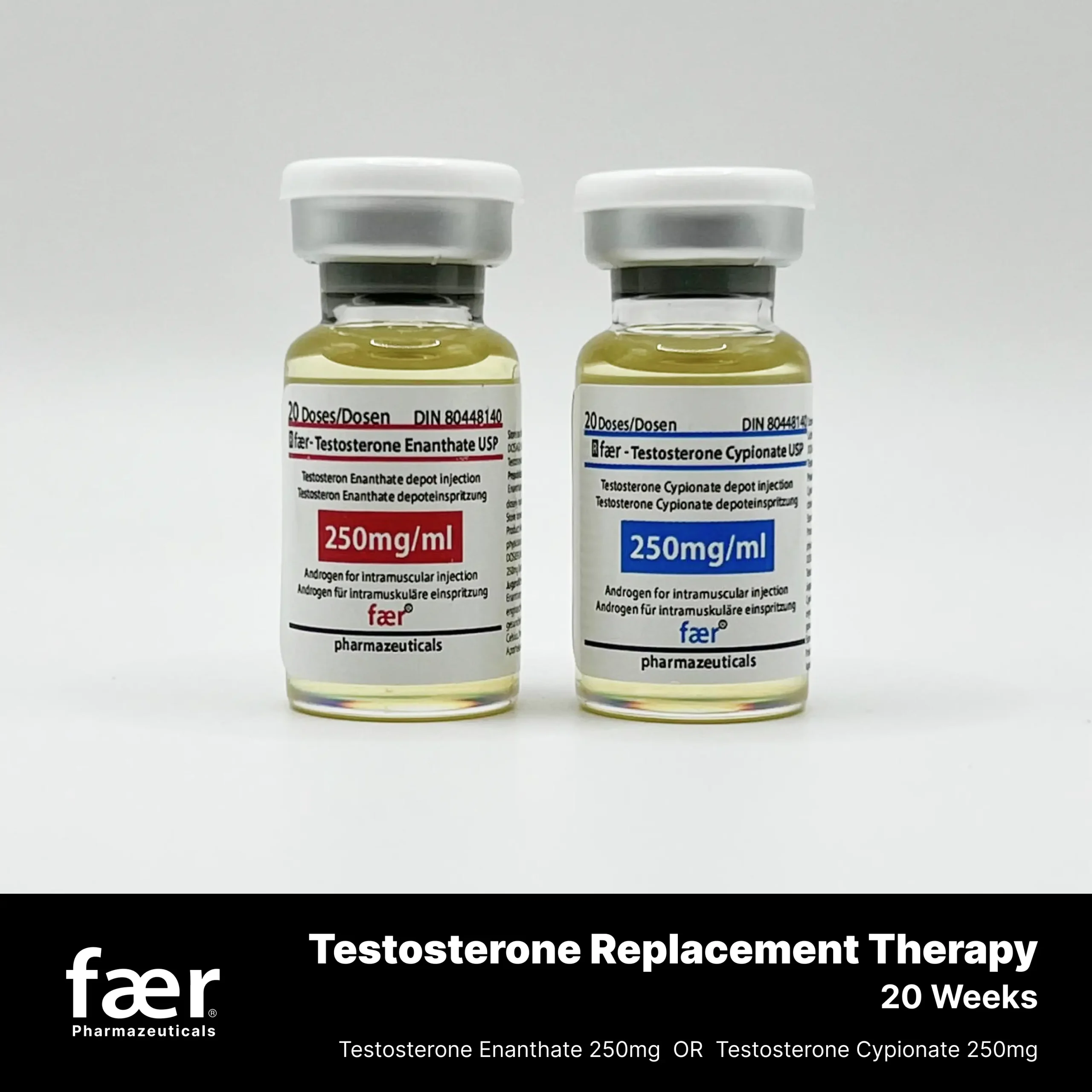 glass vials of Faer Pharmaceuticals Testosterone Enanthate and Testosterone Cypionate 250mg/ml